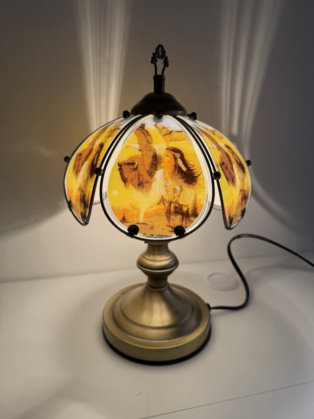 Vtg OK Lighting Touch Lamp Native American Wolf Deer Indigenous 3 Settings WORKS